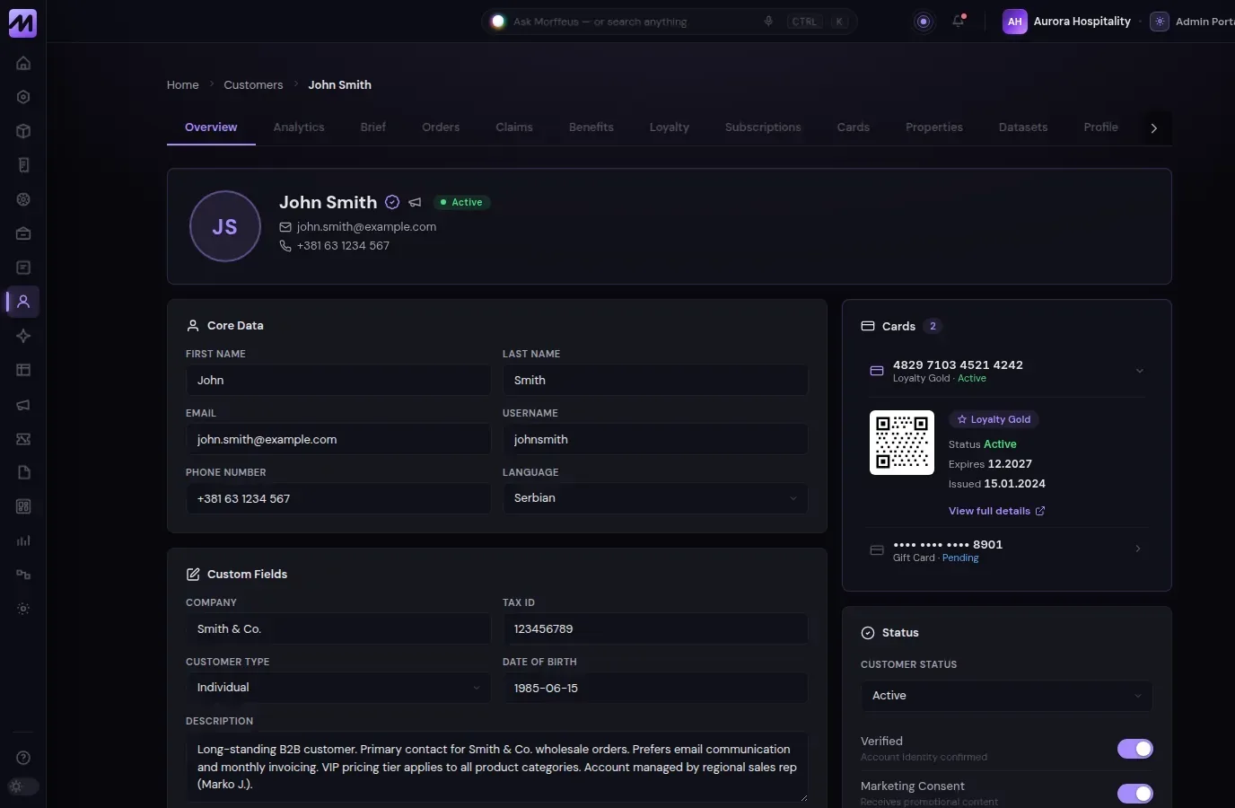 Morffeus admin — a customer record