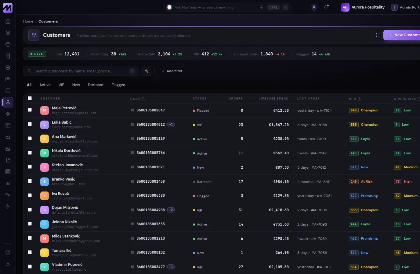 Morffeus admin — customers list